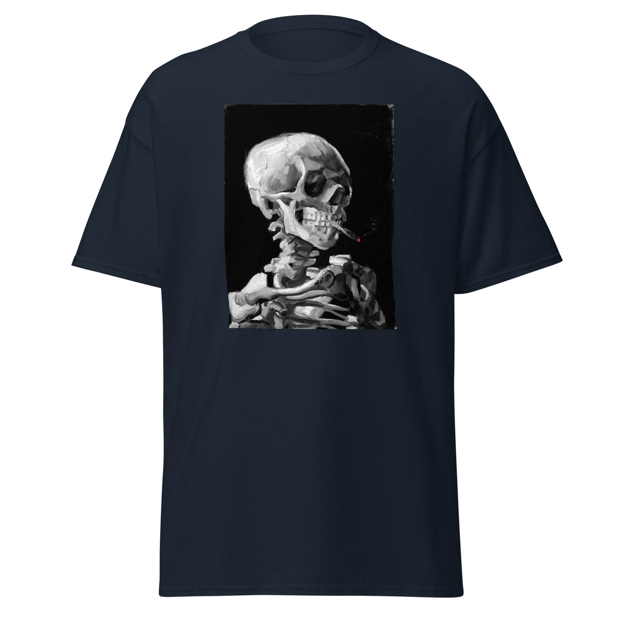 Skeleton Smoking design on unisex T-shirt, front view