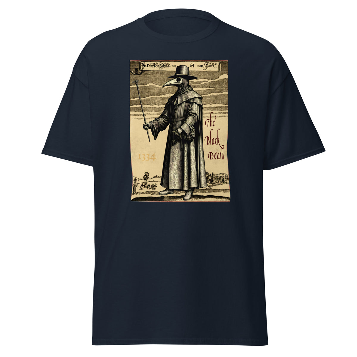 Plague Doctor 1334 design on unisex T-shirt, front view