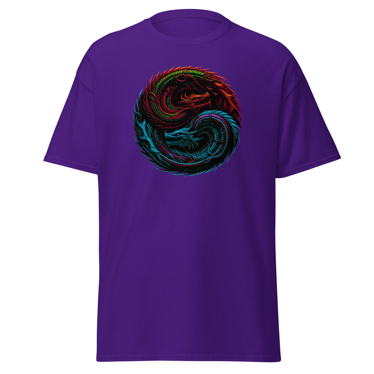 Yin Yang Chinese Dragon Fire and Ice design on unisex T-shirt, front view