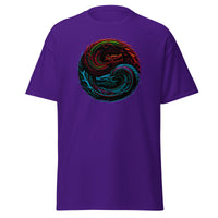 Yin Yang Chinese Dragon Fire and Ice design on unisex T-shirt, front view