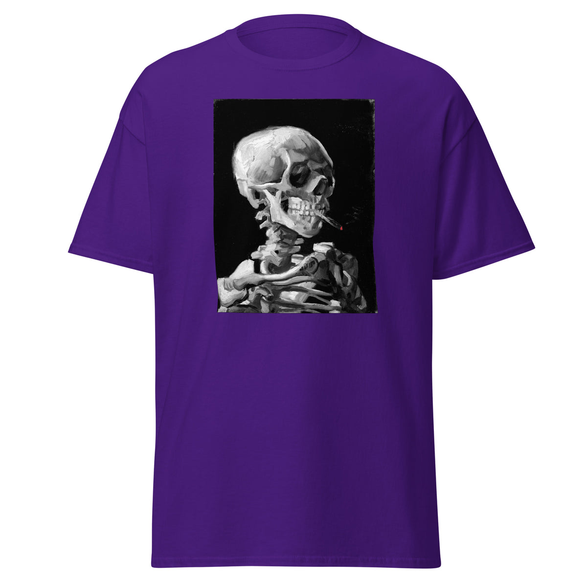 Skeleton Smoking design on unisex T-shirt, front view