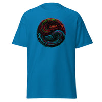 Yin Yang Chinese Dragon Fire and Ice design on unisex T-shirt, front view