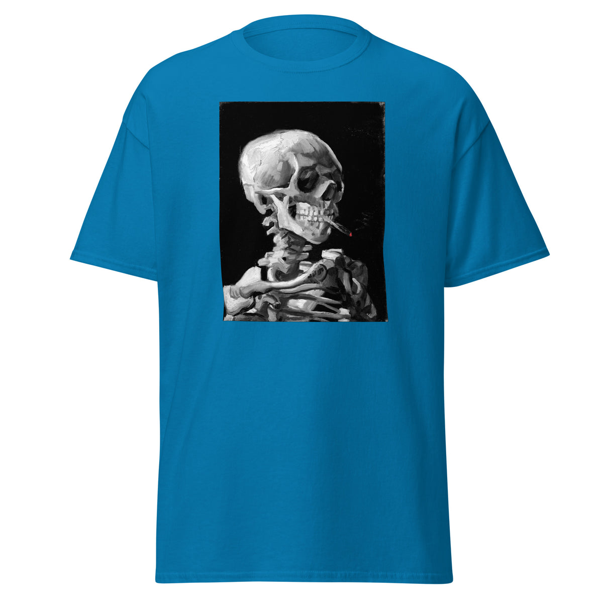 Skeleton Smoking design on unisex T-shirt, front view
