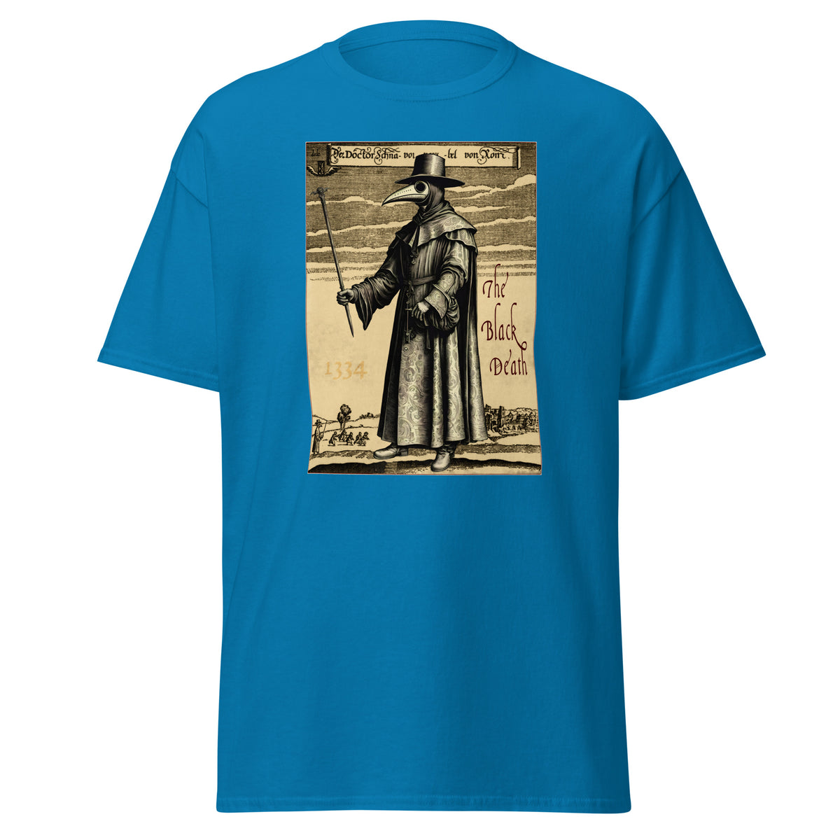 Plague Doctor 1334 design on unisex T-shirt, front view