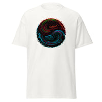 Yin Yang Chinese Dragon Fire and Ice design on unisex T-shirt, front view