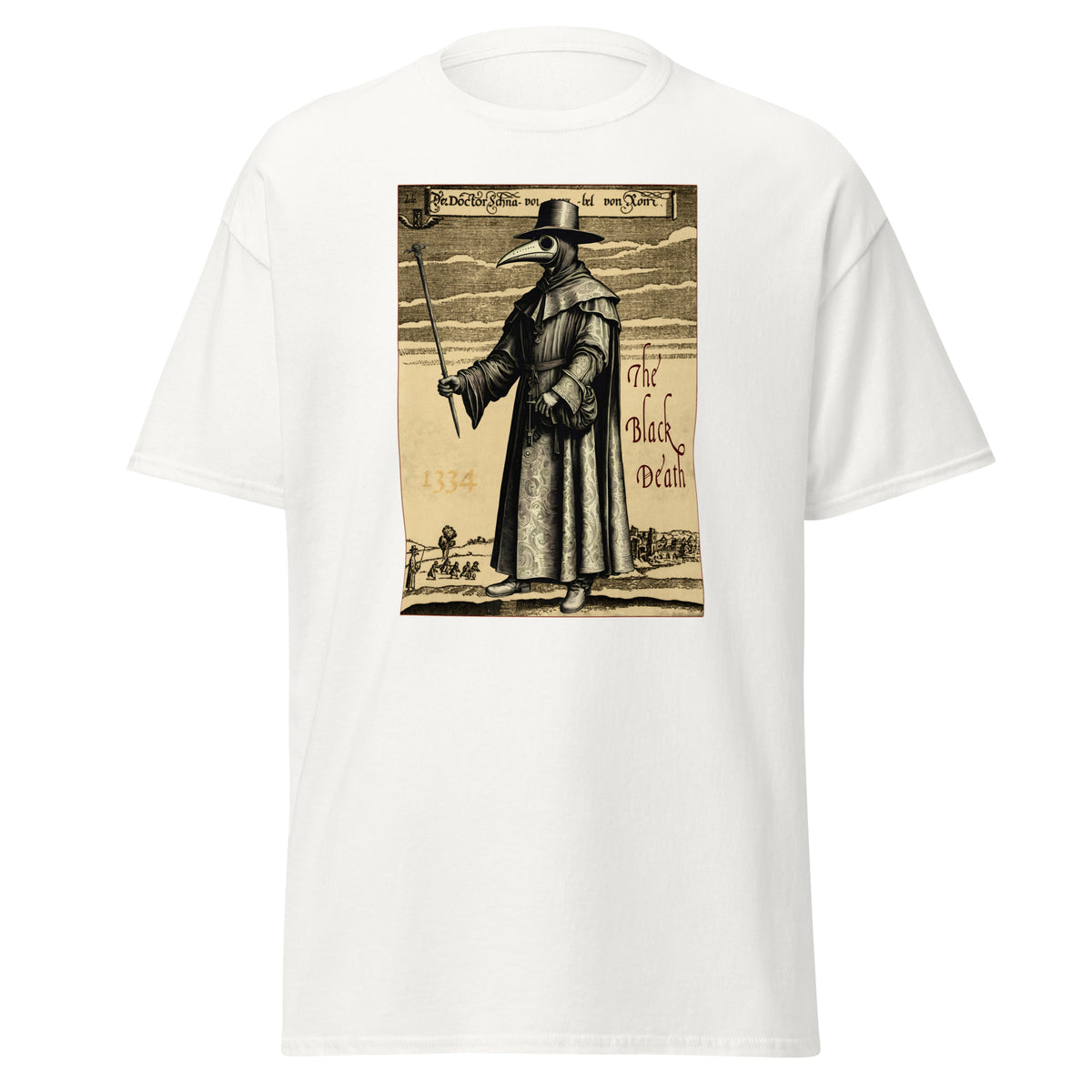 Plague Doctor 1334 design on unisex T-shirt, front view