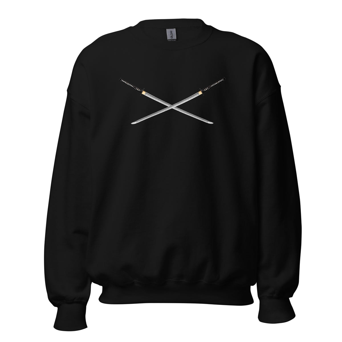 Dual Samurai Swords design on unisex crewneck sweater, front view