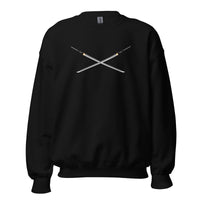 Dual Samurai Swords design on unisex crewneck sweater, front view