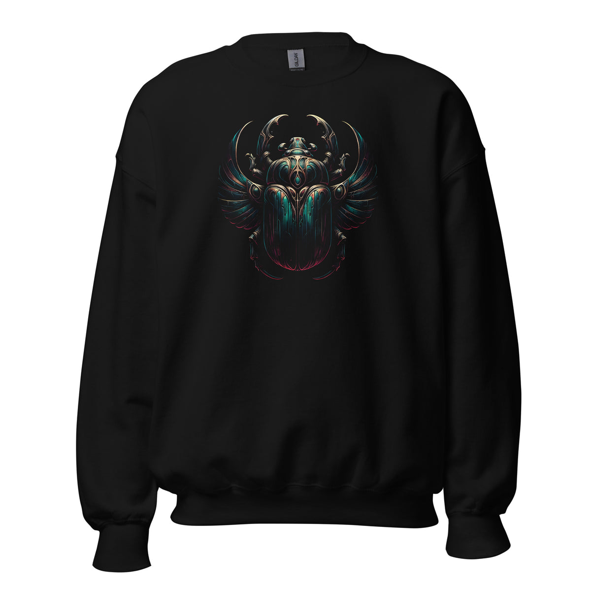 Ancient Egyptian Scarab Beetle design on unisex crewneck sweater, front view