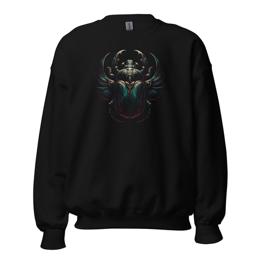 Ancient Egyptian Scarab Beetle design on unisex crewneck sweater, front view