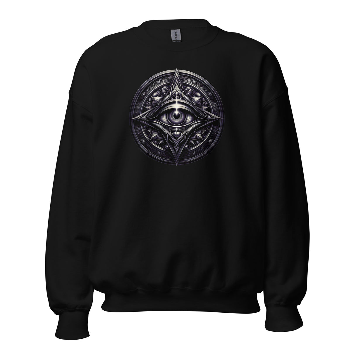 Splitting All-Seeing Eye design on unisex crewneck sweater, front view