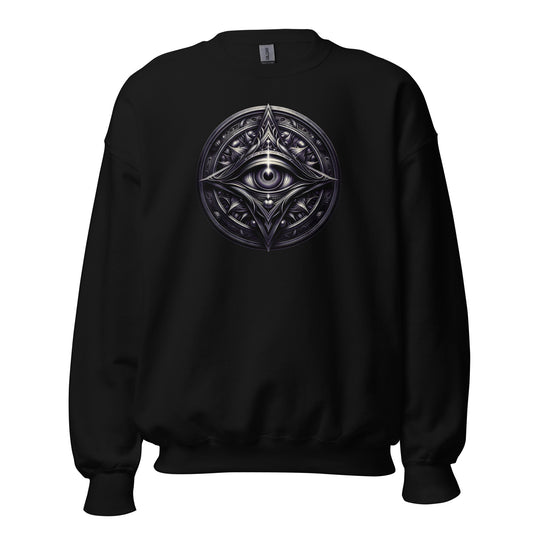 Splitting All-Seeing Eye design on unisex crewneck sweater, front view