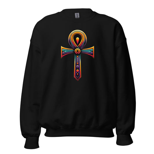 Key of Life Ankh design on unisex crewneck sweater, front view