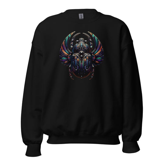 Mechanical Scarab Beetle design on unisex crewneck sweater, front view