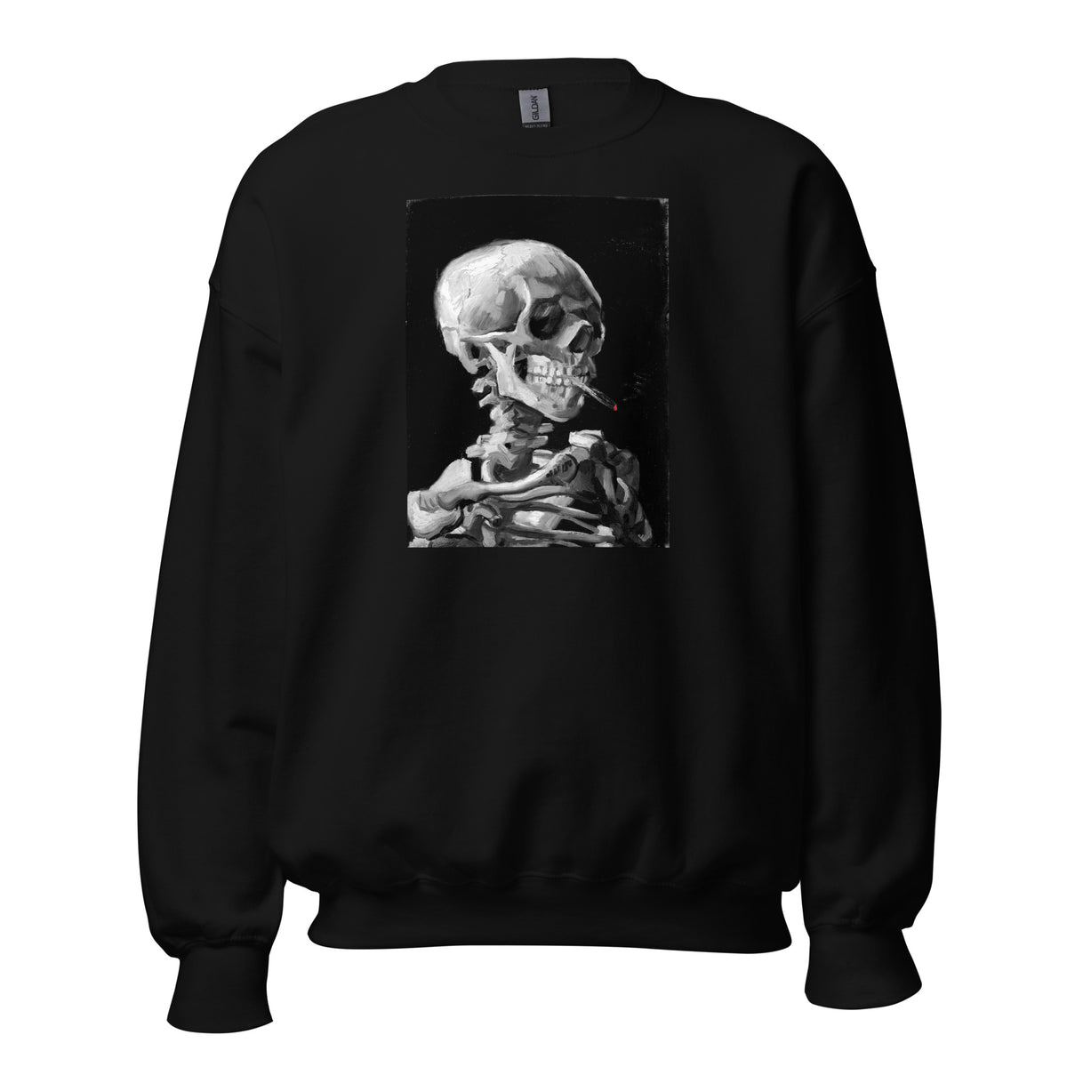 Skeleton Smoking Van Gogh design on unisex crewneck sweater, front view