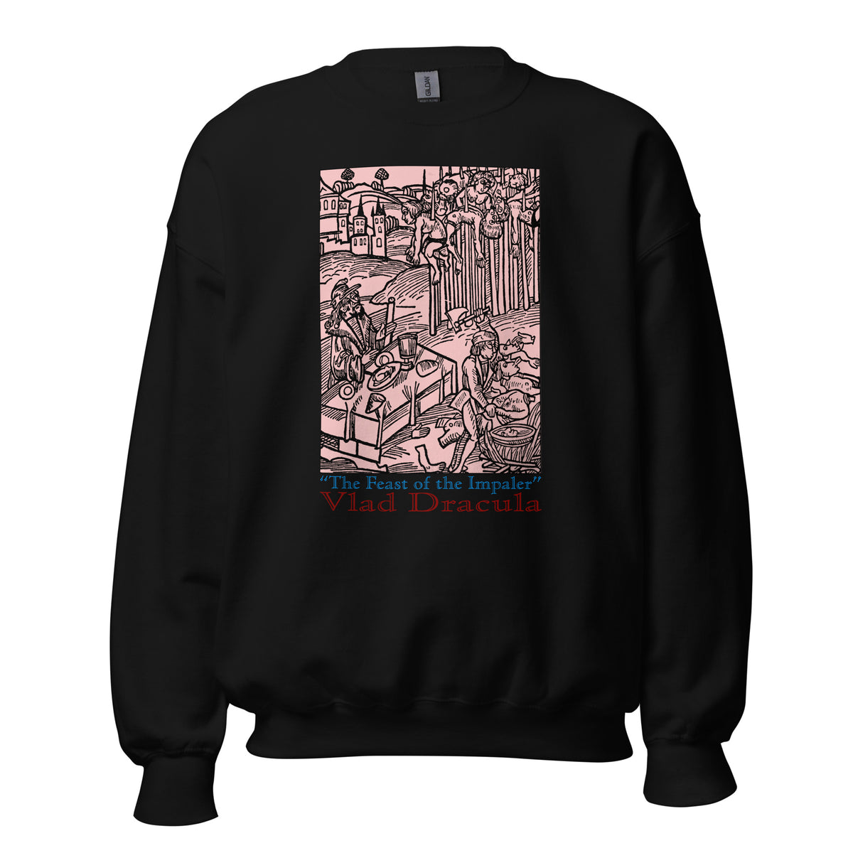 Feast of the Impaler design on unisex crewneck sweater, front view