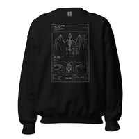 Bat Skeleton Blueprint design on unisex crewneck sweater, front view