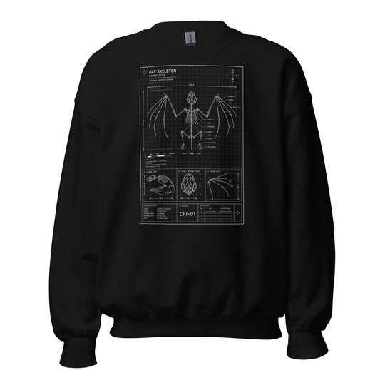 Bat Skeleton Blueprint design on unisex crewneck sweater, front view