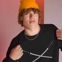 Dual Samurai Swords design on unisex crewneck sweater, right-front view