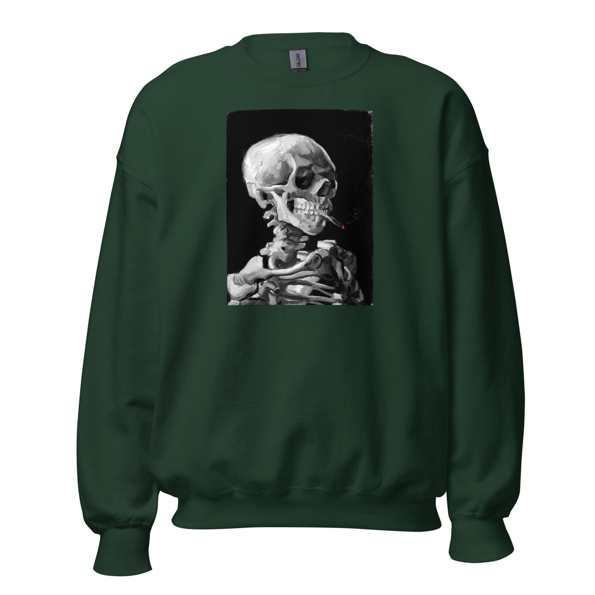 Skeleton Smoking Van Gogh design on unisex crewneck sweater, front view