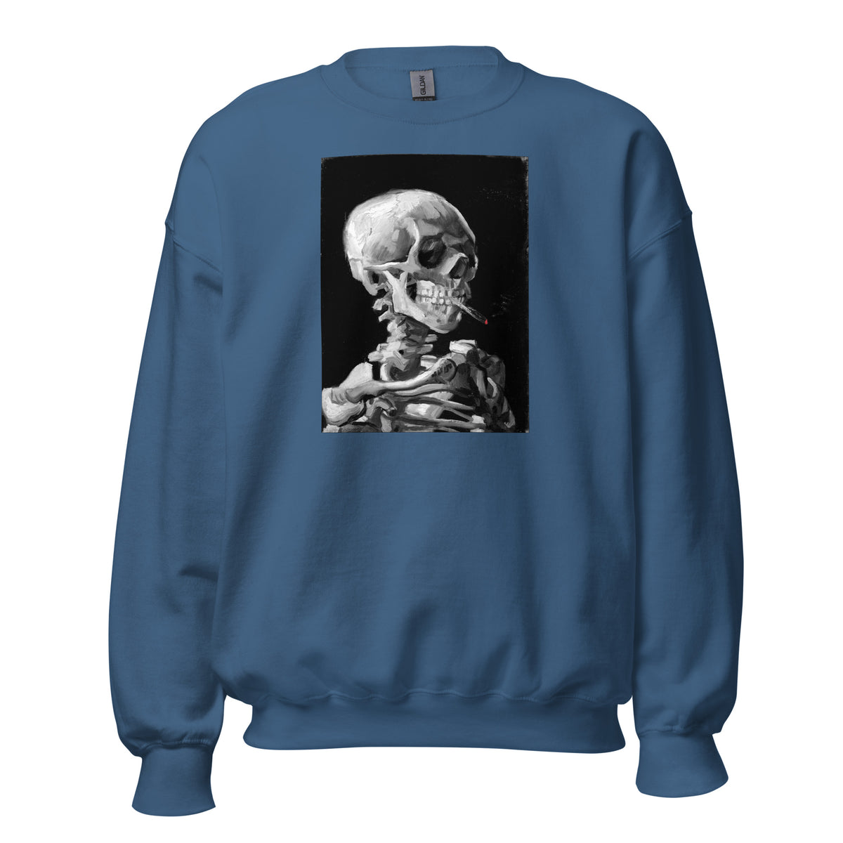 Skeleton Smoking Van Gogh design on unisex crewneck sweater, front view