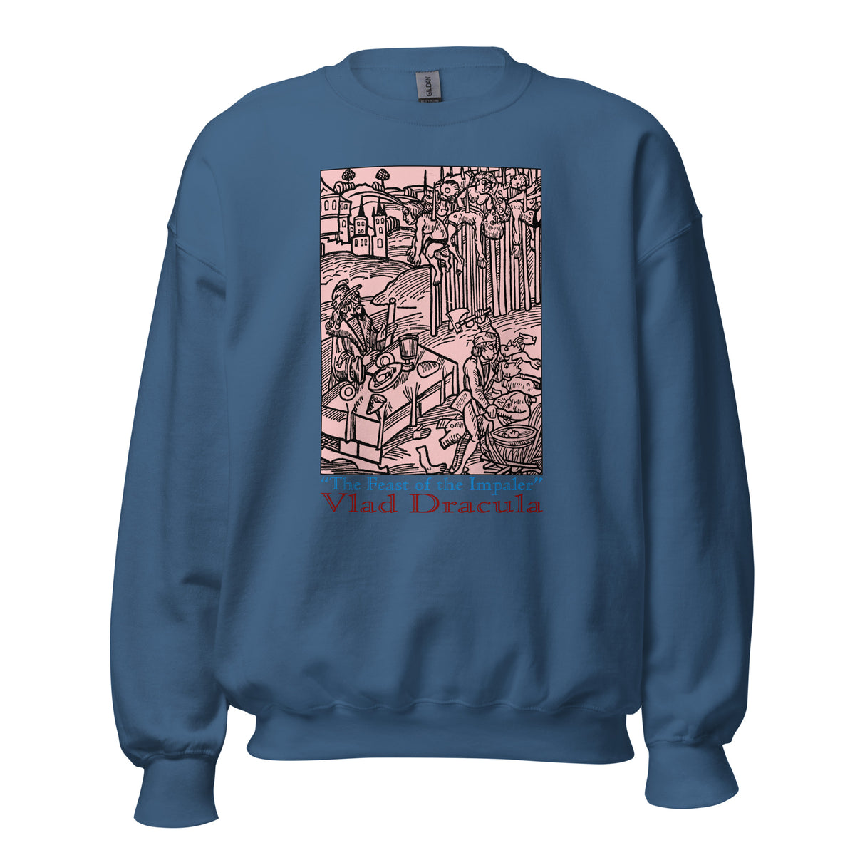 Feast of the Impaler design on unisex crewneck sweater, front view