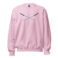 Dual Samurai Swords design on unisex crewneck sweater, front view