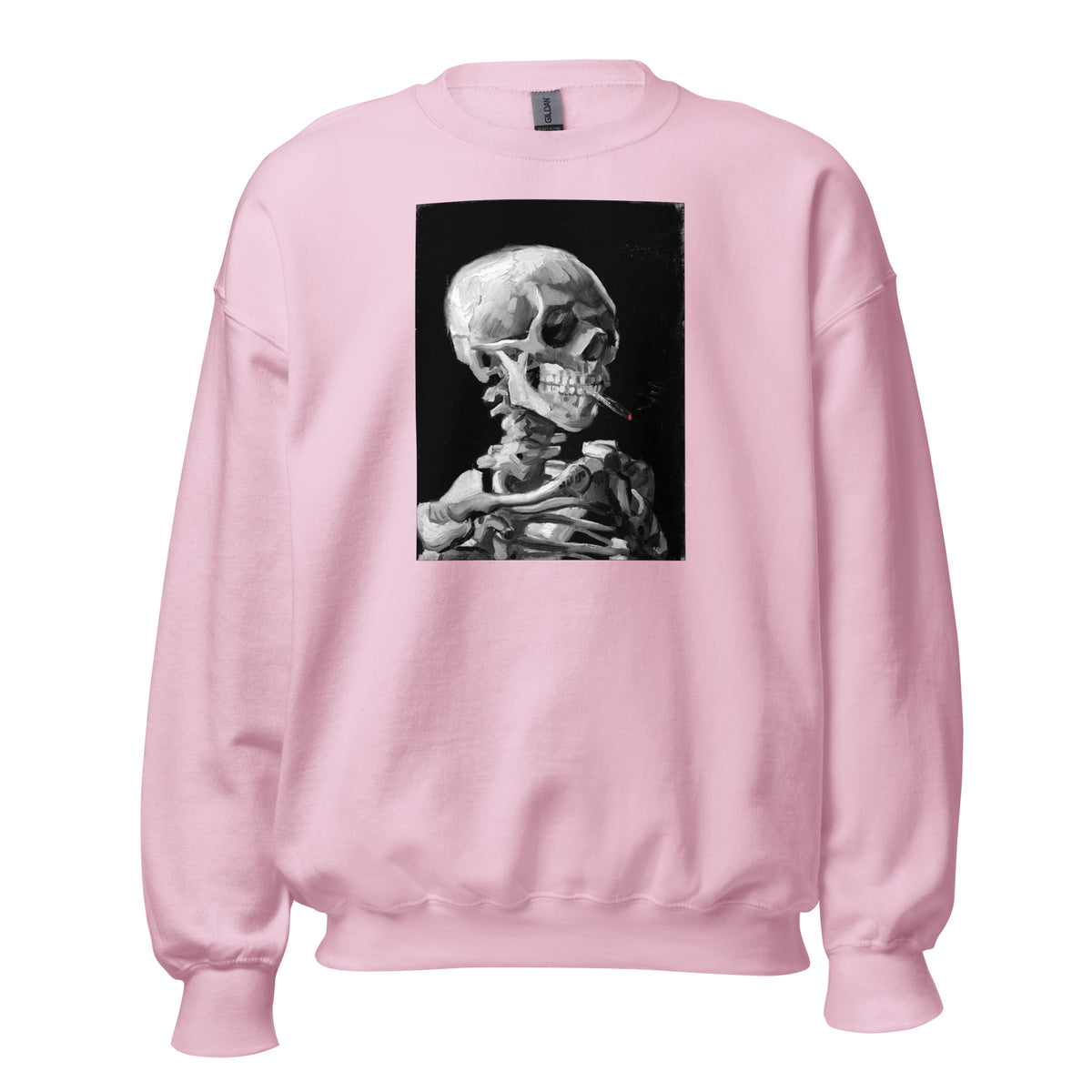 Skeleton Smoking Van Gogh design on unisex crewneck sweater, front view