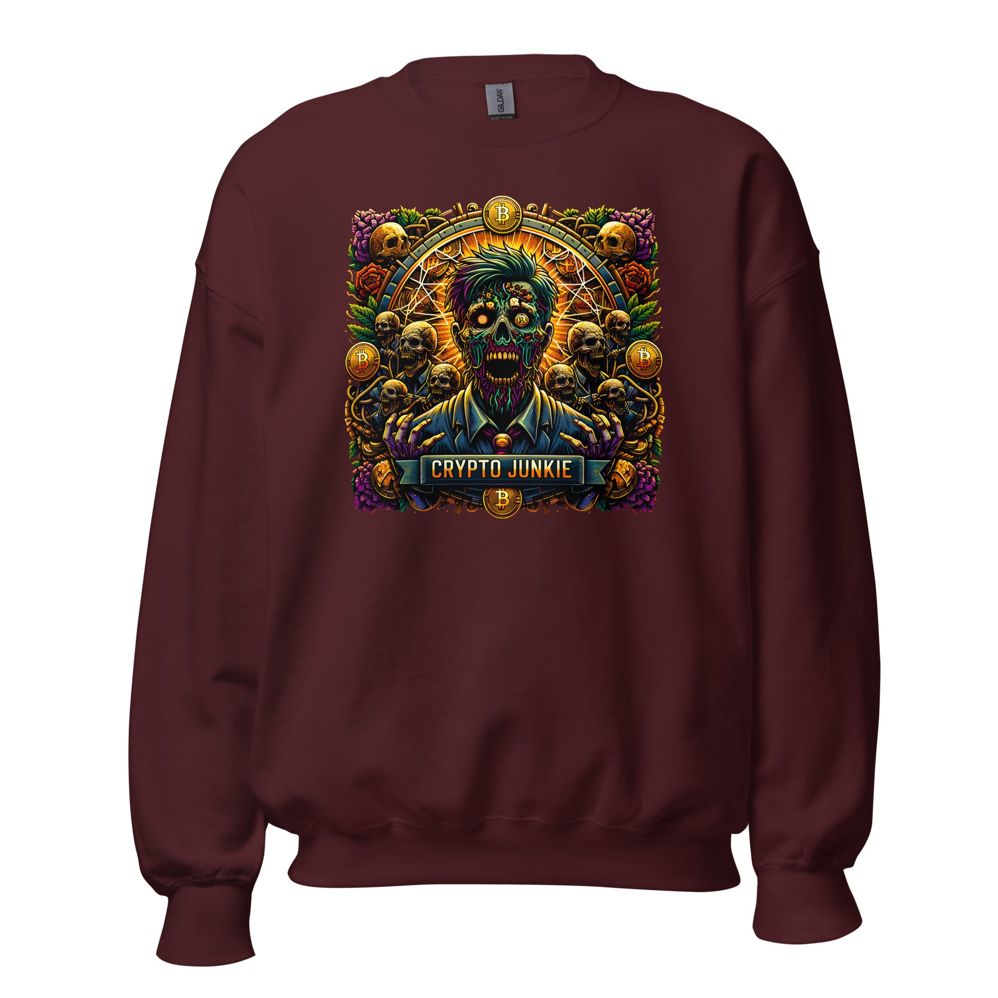 Crypto Junkie Zombie Businessman Horror Bitcoin Long Sleeve Pullover Sweatshirt