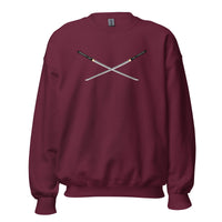 Dual Samurai Swords design on unisex crewneck sweater, front view