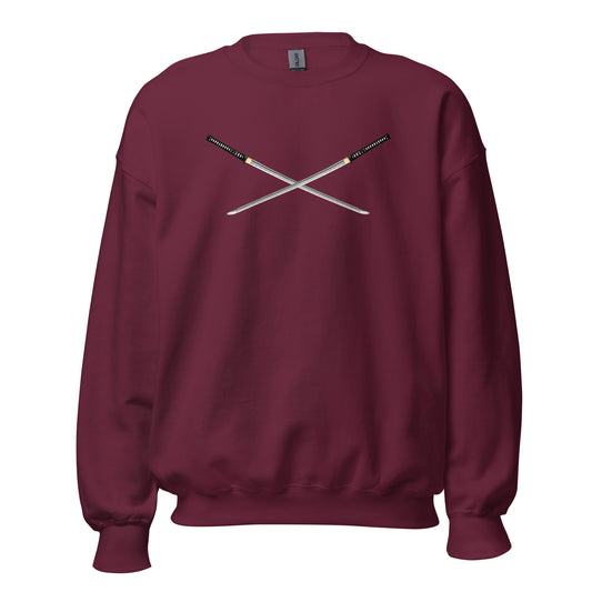 Dual Samurai Swords design on unisex crewneck sweater, front view
