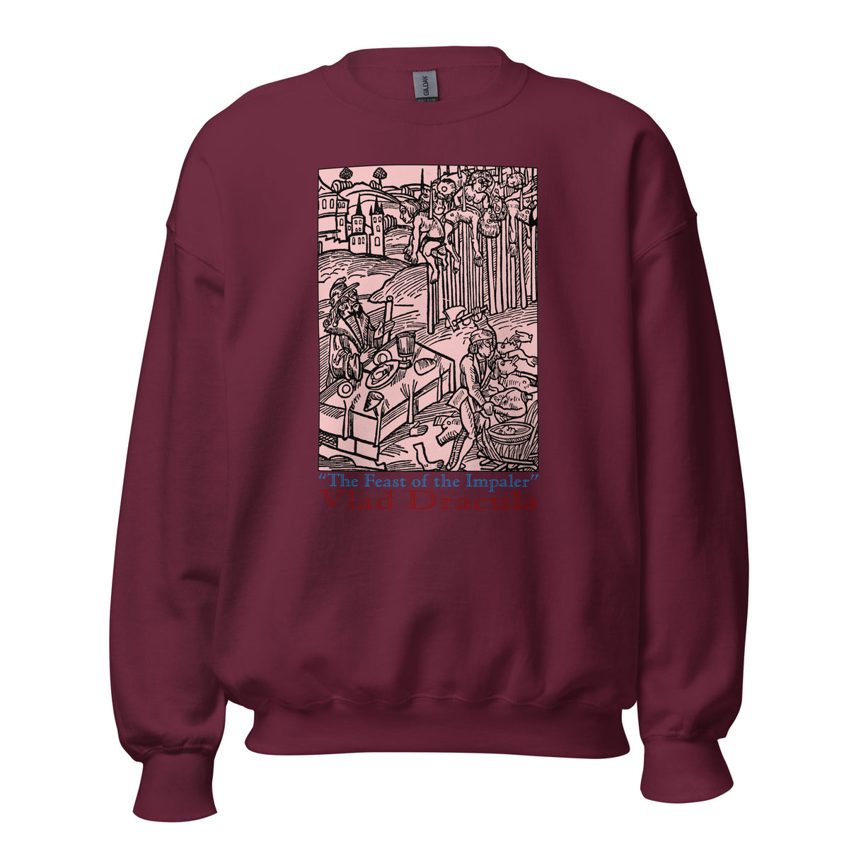 Feast of the Impaler design on unisex crewneck sweater, front view