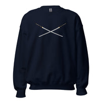 Dual Samurai Swords design on unisex crewneck sweater, front view