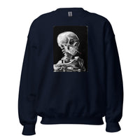 Skeleton Smoking Van Gogh design on unisex crewneck sweater, front view