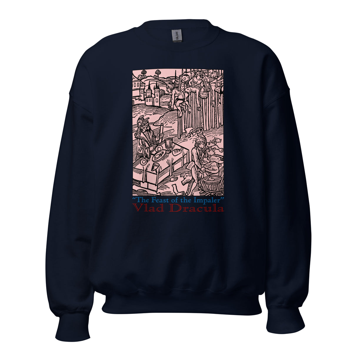 Feast of the Impaler design on unisex crewneck sweater, front view