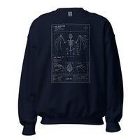 Bat Skeleton Blueprint design on unisex crewneck sweater, front view