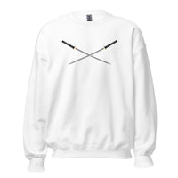 Dual Samurai Swords design on unisex crewneck sweater, front view