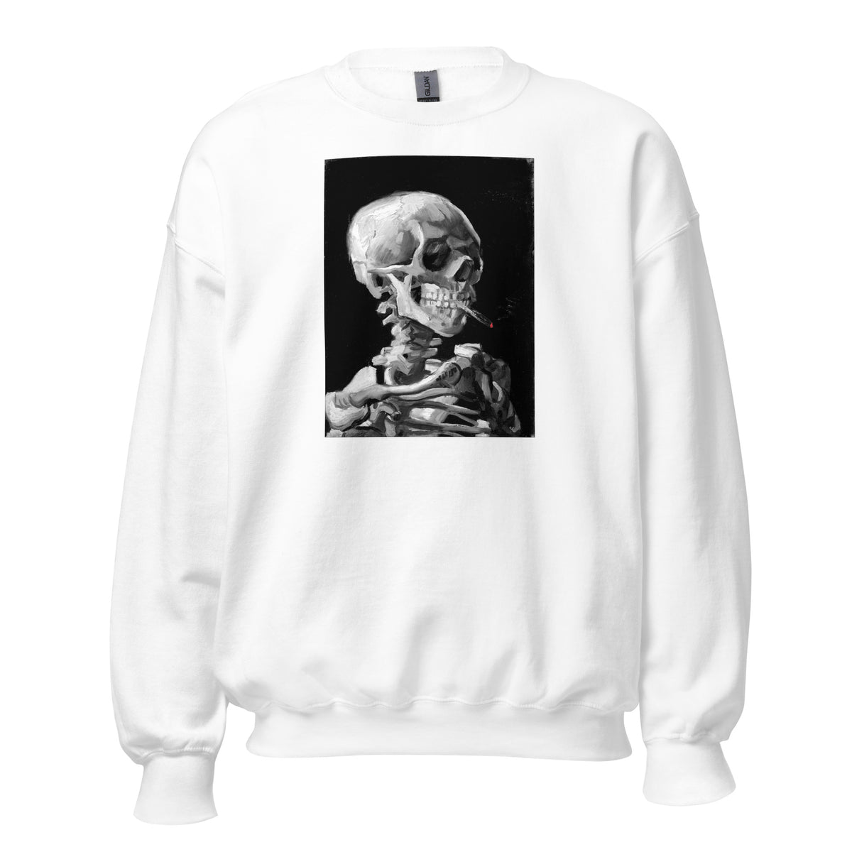 Skeleton Smoking Van Gogh design on unisex crewneck sweater, front view
