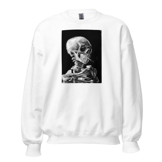 Skeleton Smoking Van Gogh design on unisex crewneck sweater, front view
