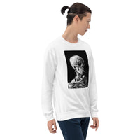 Skeleton Smoking Van Gogh design on unisex crewneck sweater, right-front view