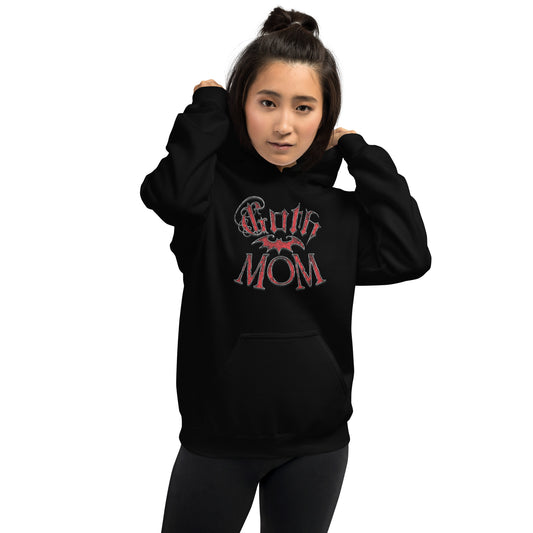 Red Goth Mom Bat design on unisex hoodie, front view