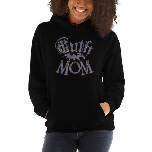 Purple Goth Mom Bat design on unisex hoodie, front view