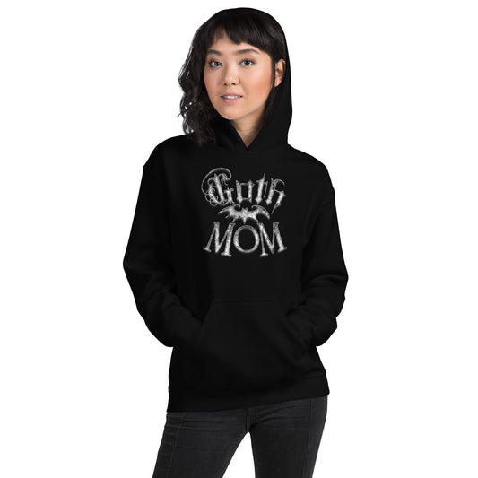 White Goth Mom Bat design on unisex hoodie, front view