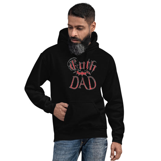 Red Goth Dad Bat design on unisex hoodie, front view