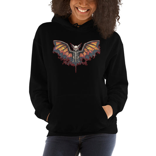 Vampire Bat Skeleton design on unisex hoodie, front view