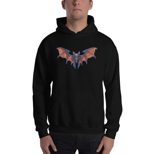 Whimsical Vampire Bat Skeleton design on unisex hoodie, front view