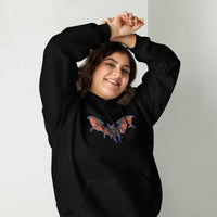 Whimsical Vampire Bat Skeleton design on unisex hoodie, front view
