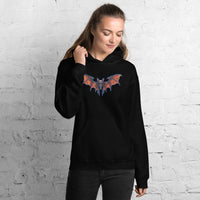 Whimsical Vampire Bat Skeleton design on unisex hoodie, front view