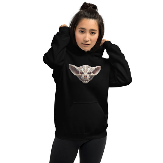Grinning Bat Skull design on unisex hoodie, front view
