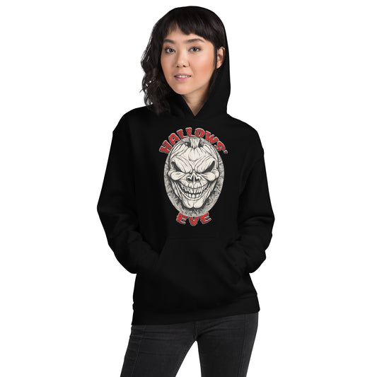 Grinning Skull Pumpkin design on unisex hoodie, front view